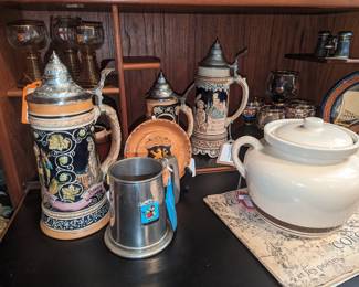 Assortment of ceramic and pewter mugs and steins, Vintage McCoy Bean Pot