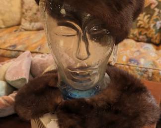 Mink hat and collar, glass head