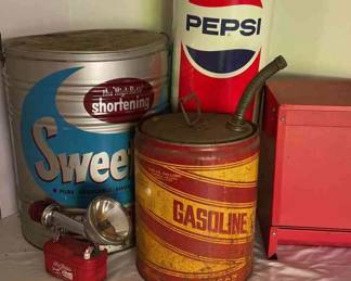Gasoline, Pepsi, Shortening Vintage Tin Containers, Aluminum Feeder, Big Beam Beacon Lamp