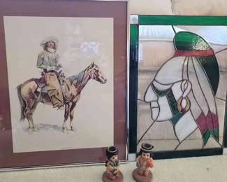 Cowboy Print By Fredrick Remington 1956, Stained Glass Native American Candlestick Holders