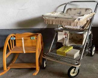Genuine Taylor Tot Vintage Metal Stroller, Wooden Rocker, And Infant Shoes