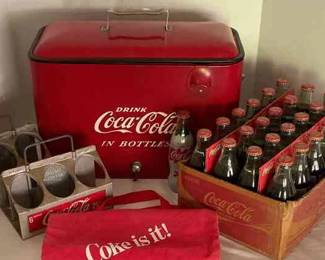 Coca Cola Vintage Cooler, 25 Unopened Glass Bottles, 2 Aluminum Drink Carriers, And Canvas Bag