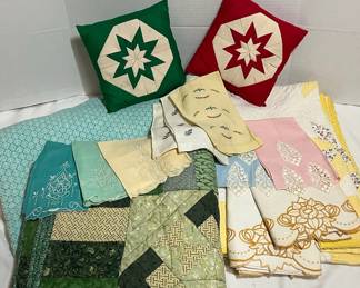 Green Yellow Quilts, Embroidered Linens,  Pillows