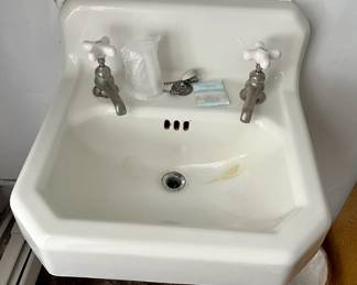 wall mounted white clipped corner porcelain enamel cast iron sink with original faucets
