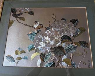 Vintage Japanese Silver Foil Art: Birds On White Hydrangea, Signed 20.25” × 16.25”