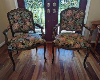 Set Of Vintage Upholstered Arm Chairs Made In Mexico. Overall each chair is 25” × 33” × 20”