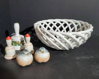 Basket Weave Bowl, Bird Salt And Pepper Shakers And Christmas Bells