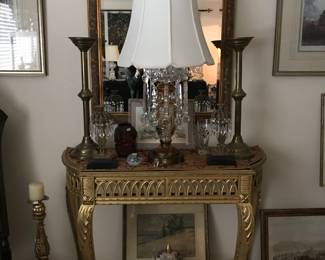 Gold Leaf French Console Table, Crystal Prism Lamp