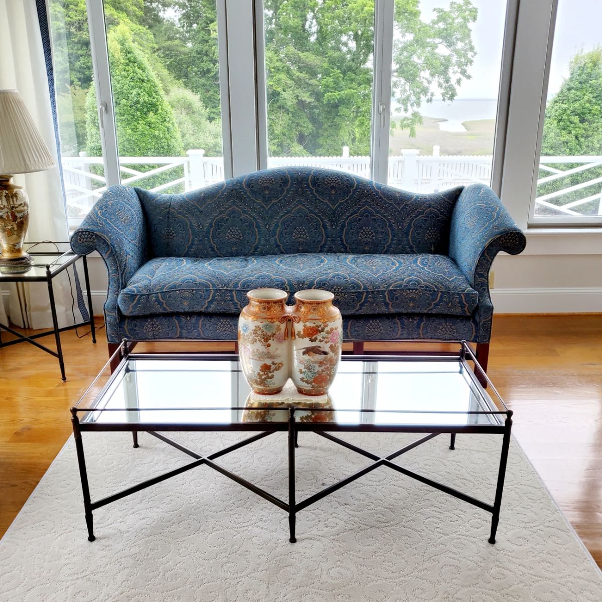 Global Views, mirror top table. Slight scratch in center. 50"L x 20.75"W x 16"H (glass top) $150 Carolina Furniture Blue Sofa, 7ft x32" x 38"H $500