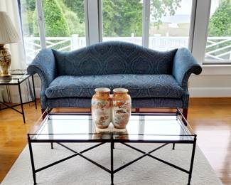 Global Views, mirror top table. Slight scratch in center. 50"L x 20.75"W x 16"H (glass top) $150 Carolina Furniture Blue Sofa, 7ft x32" x 38"H $500