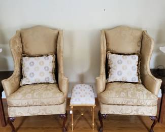 Pair of Pillows and vanity bench $95
Pair of Southwood Wingback chairs in gold silk upholstery. $450
