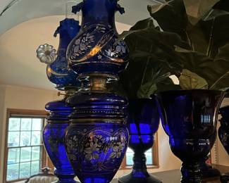 Antique R DITMAR WEIN Cobalt Blue Lamp with Hand Painted Enamel and Gold Gilt