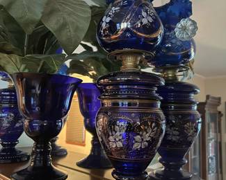 Antique R DITMAR WEIN Cobalt Blue Lamp with Hand Painted Enamel and Gold Gilt