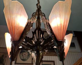 Brass Art Deco Light Fixture with Original Glass Slip Shades