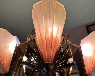 Brass Art Deco Light Fixture with Original Glass Slip Shades