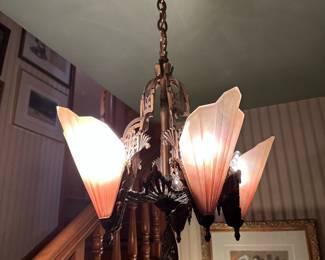 Brass Art Deco Light Fixture with Original Glass Slip Shades