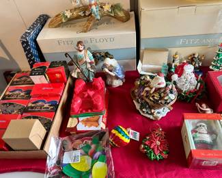 More Fitz & Floyd in garage and Christmas. Three Xmas trees.