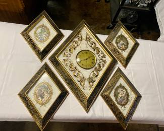 c.1950-60's German 8-Day Clock with 4 Matching Victorian Prints on Reverse Printed Glass. Clock piece measures 24" x 33" x 3 1/2", each print measures 20" x 14" x 2 1/2" 