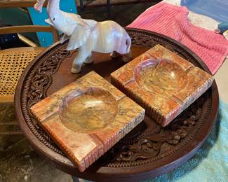 c.1950's Alabaster 7" Square Ashtrays and Solid Carved Stone Elephant 