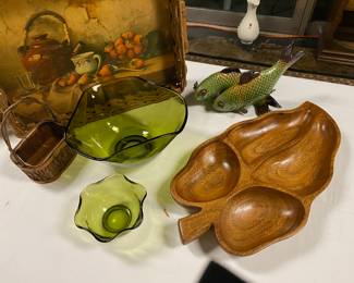 Mid Century Modern Wooden Serving Pieces and Green Chip and Dip Bowls