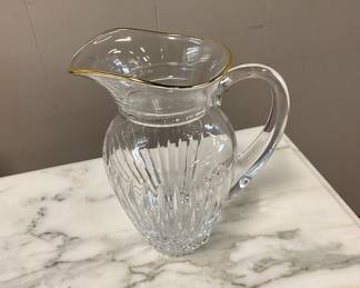 Signed WATERFORD Hanover, 9" Crystal Pitcher with Gold Rim 