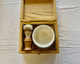 Shaving Brush and Ceramic Bowl in a Wooden Display Box 