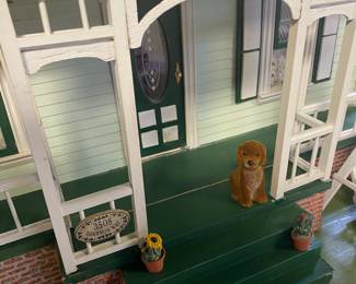 Dollhouse FRONT PORCH with Dog, Potted Flowers, and Wooden Sign "3508 Shannon Way"