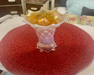 c.1904-1913 Dugan Glass Marigold Opalescent "Palisades" Lined Lattice Pattern Vase 