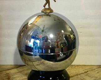 c.1950's Manhattan Round Bowling Ball Size Chrome Tabletop Bar with Metal Bowling Sculpture on Top