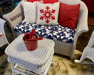 Vintage Rolled Arms White Wicker Sofa with cushion and Wicker Table 