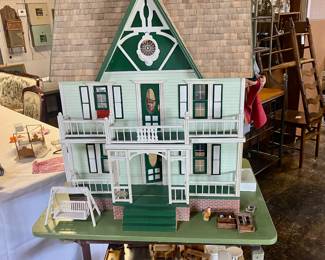 GREAT CHRISTMAS GIFT! Vintage 3-Story Dollhouse with adorable furniture, curtains, beds, linens, even an outdoor wooden swing! (Sold as one lot with house and contents)