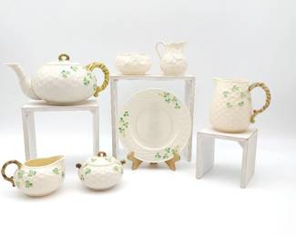 Belleek Irish Porcelain Cream & Sugars, Plate, & Tea Pot