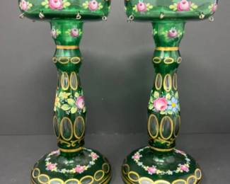 Antique Green & Gold Painted Bohemian Glass Mantle Lusters