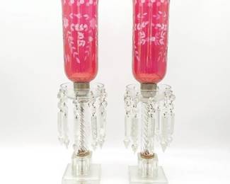 Vintage Flashed on Cranberry Cut to Clear Mantel Luster Lamps