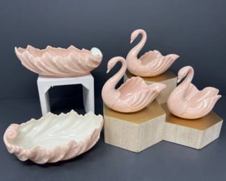 Vtg Pink Lenox Swan Trio & Acanthus Shell Leaf Trinket Dish Pair