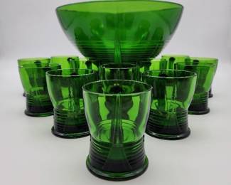 Vintage Emerald Green Art Deco Punch Bowl & 12 Cups