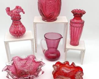 Vintage Cranberry Fenton & Italian Gold Fleck Blown Glass Ashtrays