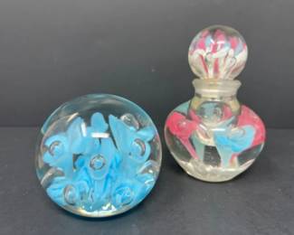 Vtg St. Clair Blue Floral Art Glass Paperweight & a Perfume Bottle