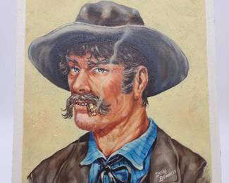 Retro Cowboy Sheriff Smoking Painting - Signed Doug Bennett