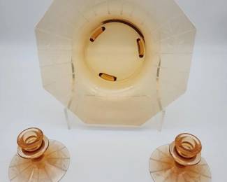 Vintage Floral Etched Light Amber/Peach Glass Tray & Candlesticks