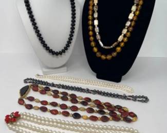 Vintage Stone, Glass, Plastic, & Real & Faux Pearl Necklaces - 14K Clasp