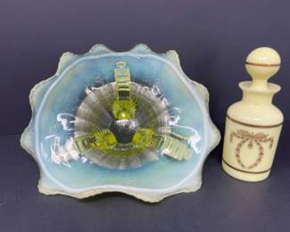 Northwood Opalescent Vaseline Bowl & Portieux Vallerysthal Bottle