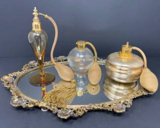 Trio of Antique Atomizer Perfume Bottles on Gold Gilt Tray - DeVilbiss