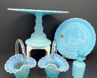 Imperial Blue Milk Glass Pedestal Cake Plate - Fenton Opalescent Hobnail Ruffled Baskets