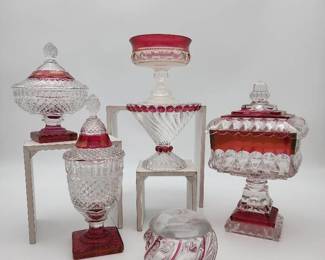 Vintage Clear & Red Flash Glass Candy Dishes, Compotes - Westmoreland