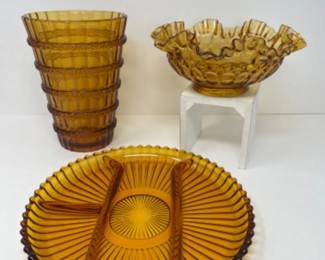 Amber Glass Czech Vase, Fenton Colonial Thumbprint Bowl, & Relish Tray