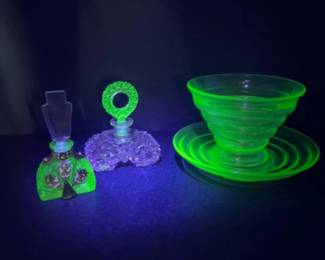 Vtg Antique Uranium Glass - Czech Cut Glass Perfume Bottles + Bowl & Plate