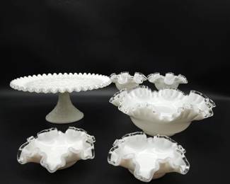 1950s Fenton Milk Glass Ruffled Silver Crest (Clear) - Spanish Lace Cake Plate