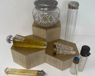 Antique Victorian Cut Glass Perfume Vials & Travelling Vanity Bottles +