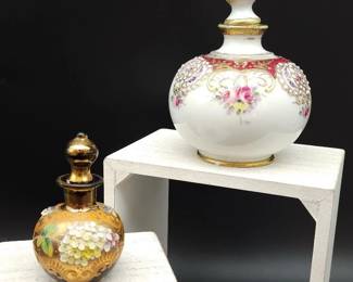 Hand Painted Antique Nippon Porcelain & Cobalt Blue Czech Glass Perfume Bottles